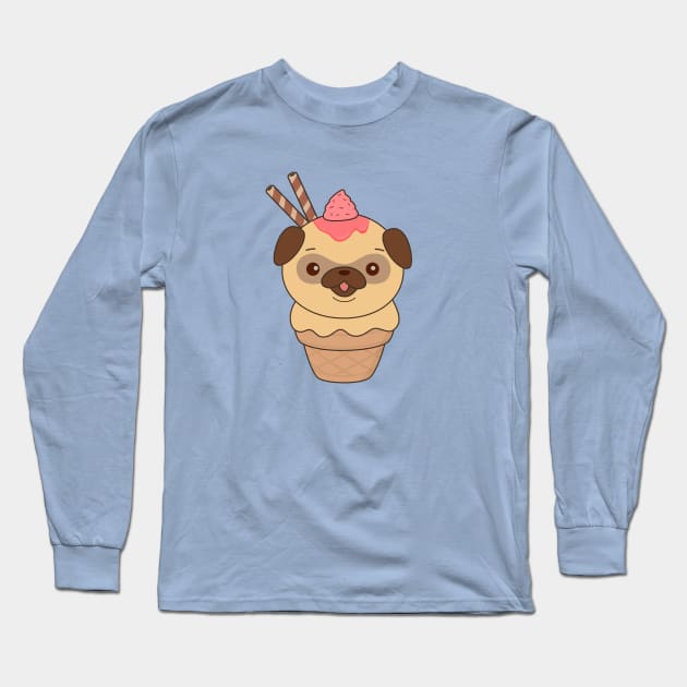 Kawaii Cute Pug Ice Cream Cone T-Shirt Long Sleeve T-Shirt by happinessinatee